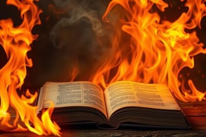 Un libro avvolto dalle fiamme, simbolo di passione e trasformazione.