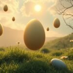 Uova che fluttuano in un paesaggio naturale, simbolo di fecondità.
