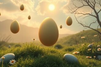 Uova che fluttuano in un paesaggio naturale, simbolo di fecondità.