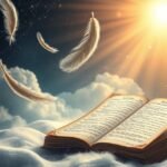 Piume leggere fluttuano sopra un libro aperto che emana luce.