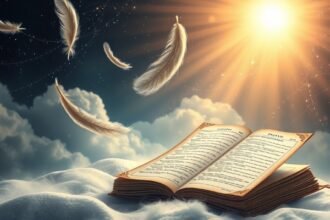 Piume leggere fluttuano sopra un libro aperto che emana luce.