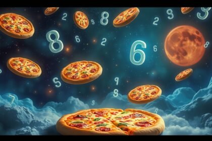 Pizza fluttuante con numeri nel sogno e luna