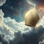 Corona papale sospesa tra le nuvole nel cielo.