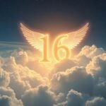 Numero angelico 16 con ali sopra le nuvole nel cielo