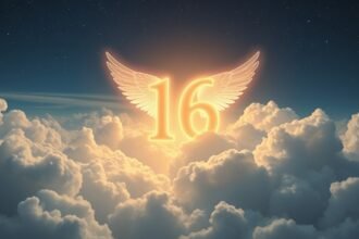Numero angelico 16 con ali sopra le nuvole nel cielo