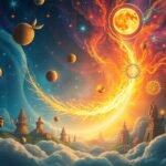 Illustrazione onirica di elementi simbolici e astrali.