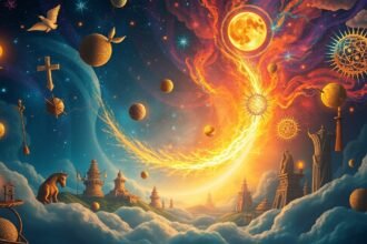 Illustrazione onirica di elementi simbolici e astrali.