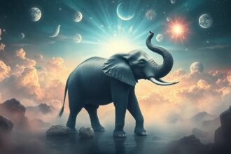 Elefante in un paesaggio onirico rappresenta forza e saggezza.