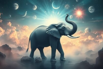Elefante in un paesaggio onirico rappresenta forza e saggezza.