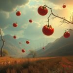 Pomodori rossi maturi in un paesaggio di montagna al tramonto