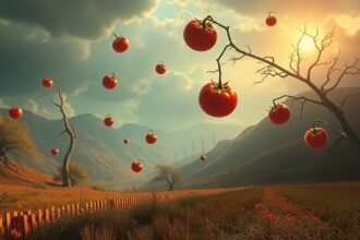 Pomodori rossi maturi in un paesaggio di montagna al tramonto