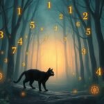 Gatto nero nella foresta con numeri fortunati intorno