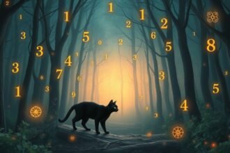 Gatto nero nella foresta con numeri fortunati intorno