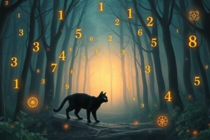 Gatto nero nella foresta con numeri fortunati intorno