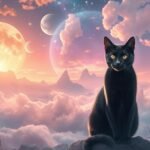 Gatto nero seduto su una roccia con una vista onirica