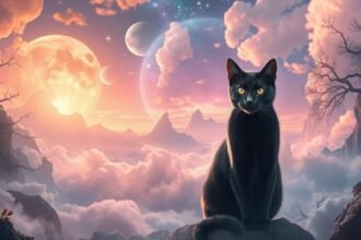 Gatto nero seduto su una roccia con una vista onirica