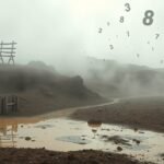 Paesaggio nebbioso con fango e numeri fluttuanti nel sogno