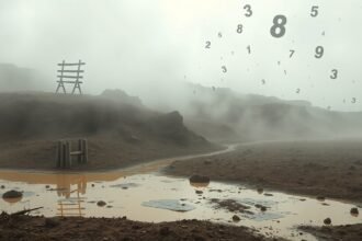 Paesaggio nebbioso con fango e numeri fluttuanti nel sogno