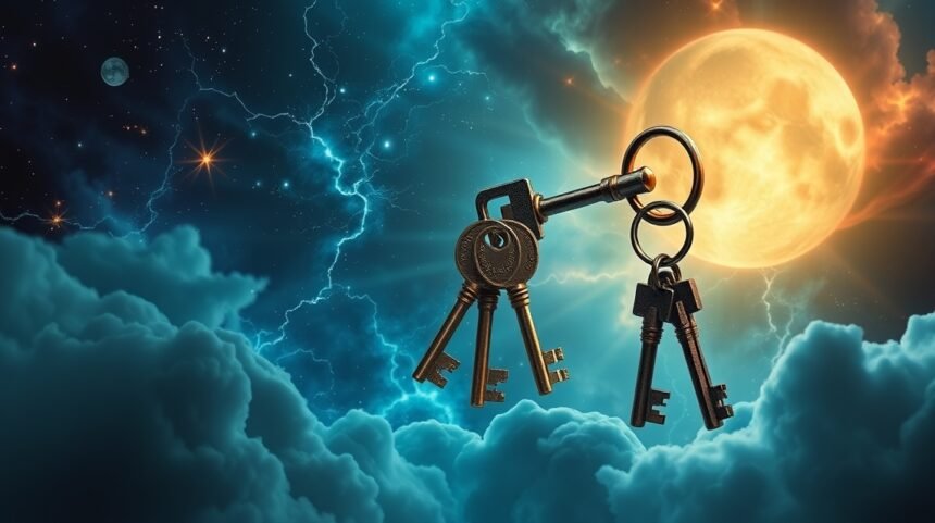 Mazzo di chiavi nel sogno sotto la luna e nuvole