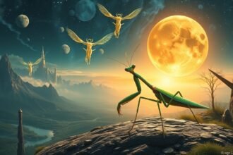 Mantide religiosa simbolica sotto un cielo stellato e una luna piena