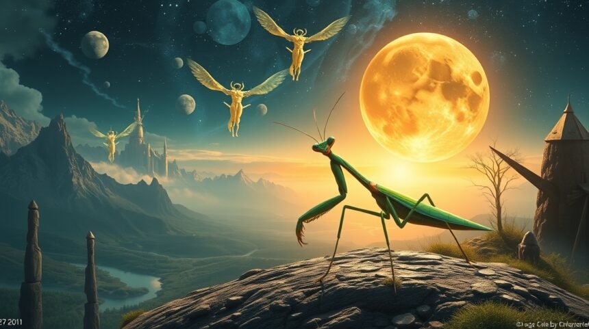 Mantide religiosa simbolica sotto un cielo stellato e una luna piena