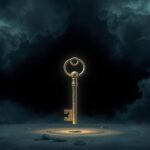 Chiave illuminata in un cielo scuro, simbolo di trasformazione nei sogni.