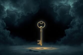Chiave illuminata in un cielo scuro, simbolo di trasformazione nei sogni.