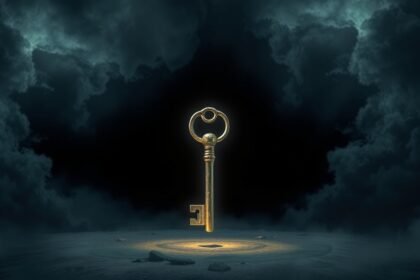 Chiave illuminata in un cielo scuro, simbolo di trasformazione nei sogni.