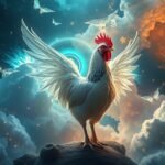 Gallina in volo con ali spiegate tra nuvole e simboli onirici