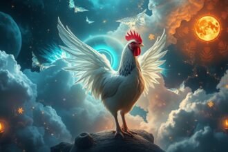 Gallina in volo con ali spiegate tra nuvole e simboli onirici