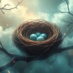 Nido d'uccello con uova blu su un ramo, simbolo di nuovi inizi.