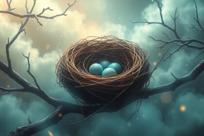 Nido d'uccello con uova blu su un ramo, simbolo di nuovi inizi.