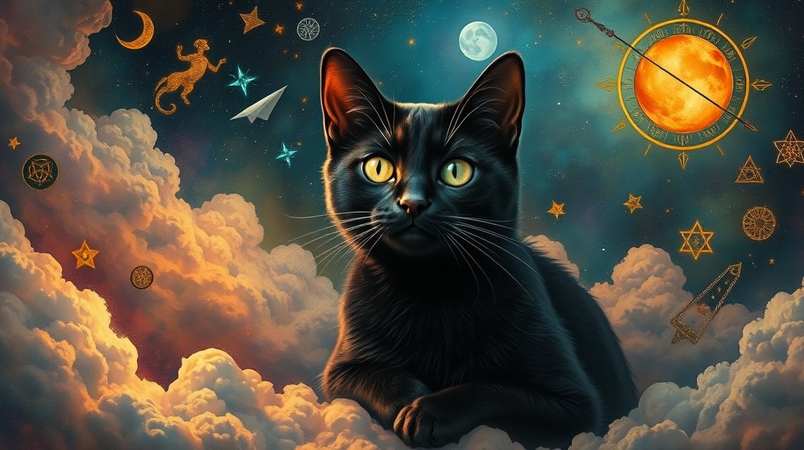 Gatto nero tra nuvole e simboli zodiacali in un sogno mistico