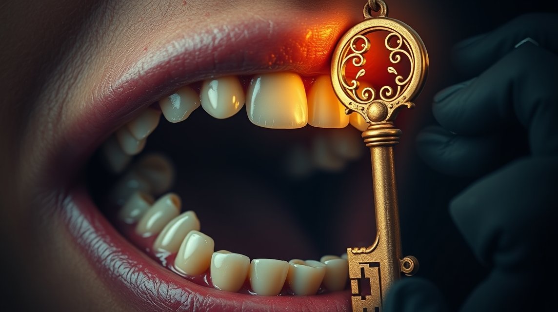 Bocca aperta con denti bianchi e chiave dorata