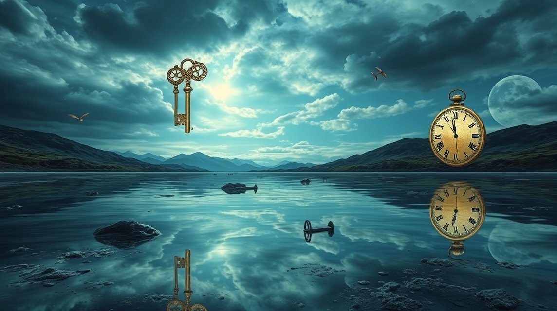 Chiavi e orologi fluttuanti sopra un lago sereno, simbolo di sogni