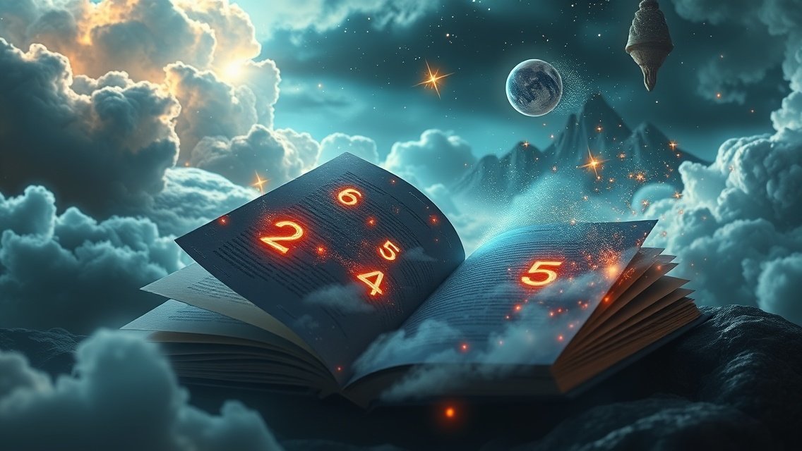 Libro aperto con numeri illuminati su sfondo sognante