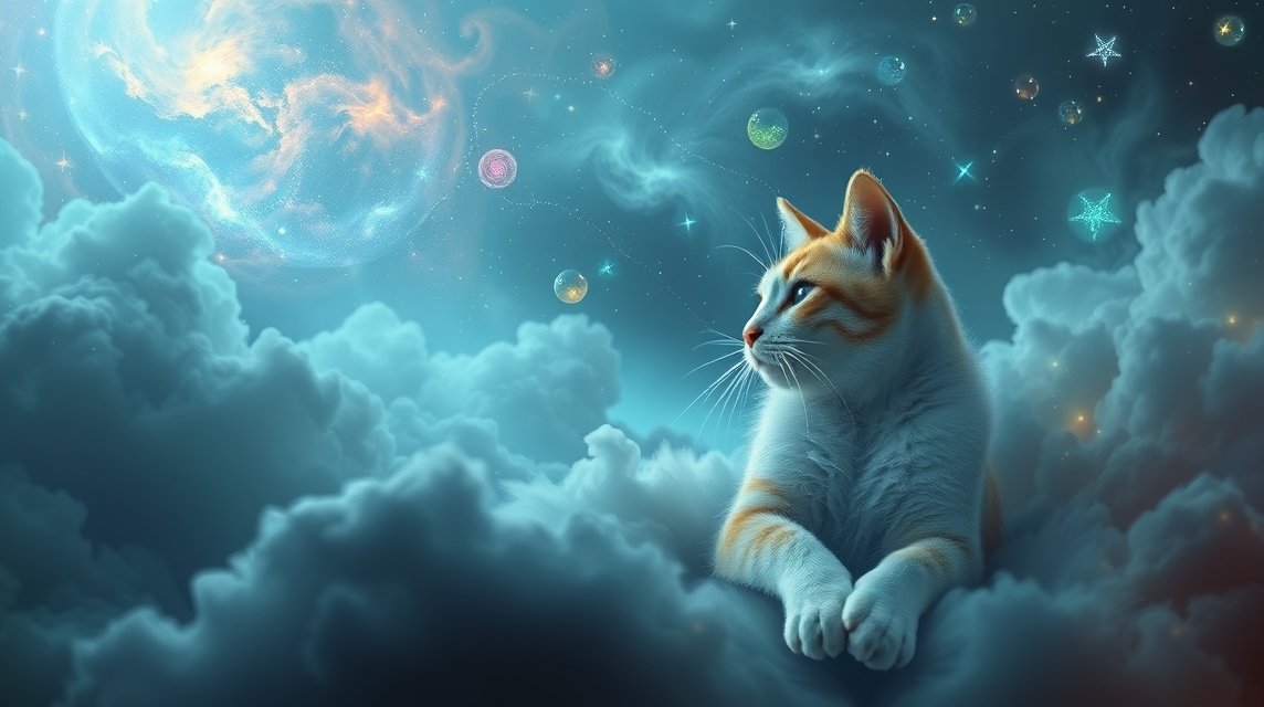 Gatto che osserva il cielo stellato tra le nuvole