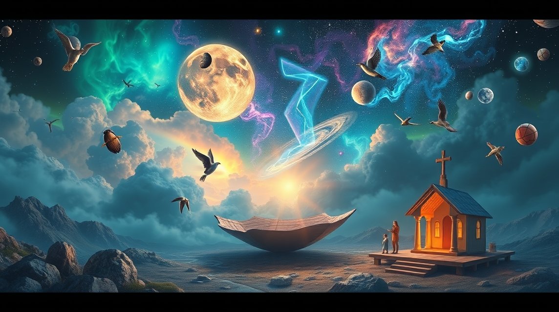 Rappresentazione onirica con simboli e elementi naturali