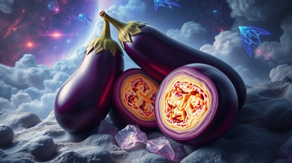 Melanzane tagliate a metà con cielo stellato sullo sfondo