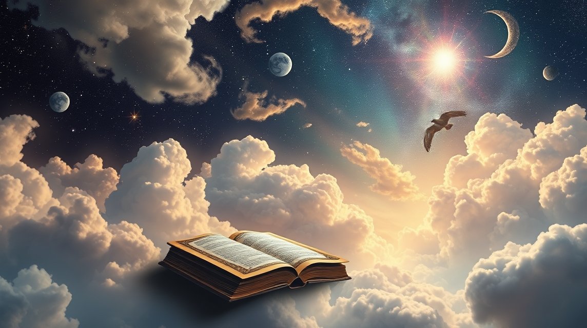 Libro aperto tra nuvole e stelle, simboli di messaggi angelici