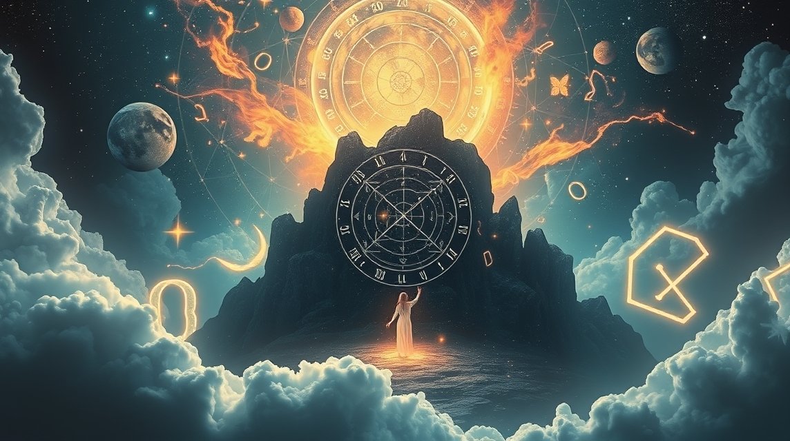 Rappresentazione di numeri angelici e simboli cosmici nel cielo.