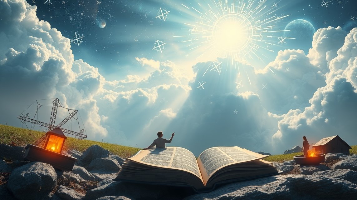 Un uomo interagisce con simboli astrali e numeri nel cielo, ispirato dalla numerologia angelica.