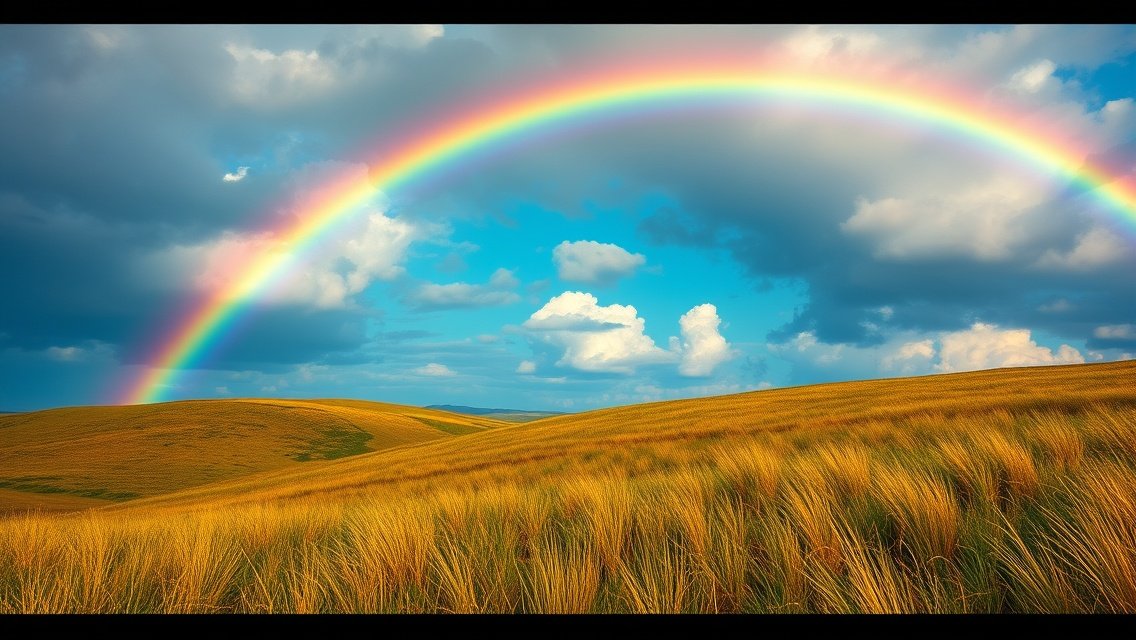 Arcobaleno sopra un paesaggio dorato di campi e cielo blu