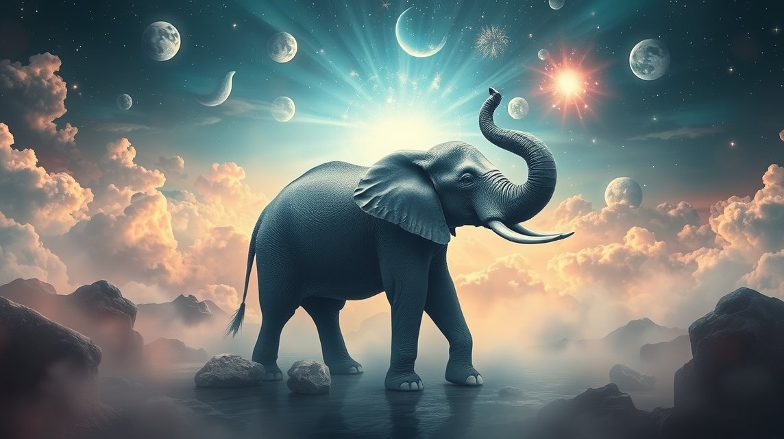 Elefante in un paesaggio onirico rappresenta forza e saggezza.