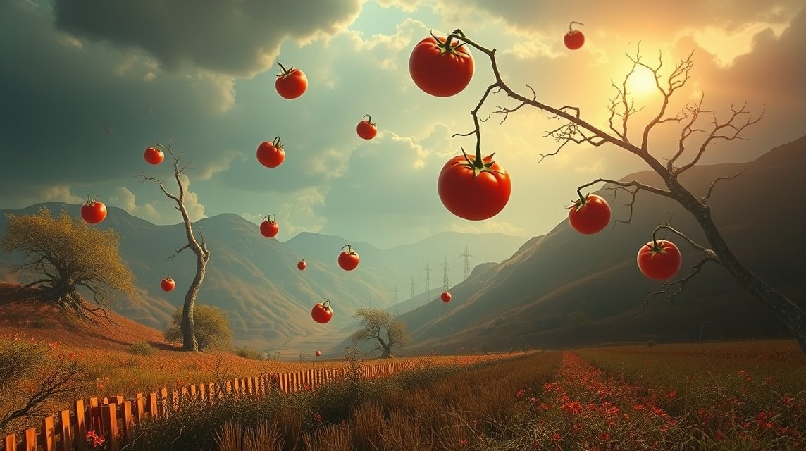 Pomodori rossi maturi in un paesaggio di montagna al tramonto