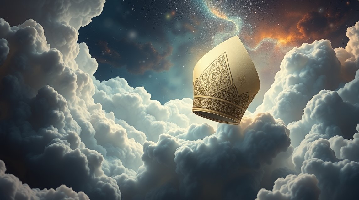 Corona papale sospesa tra le nuvole nel cielo.