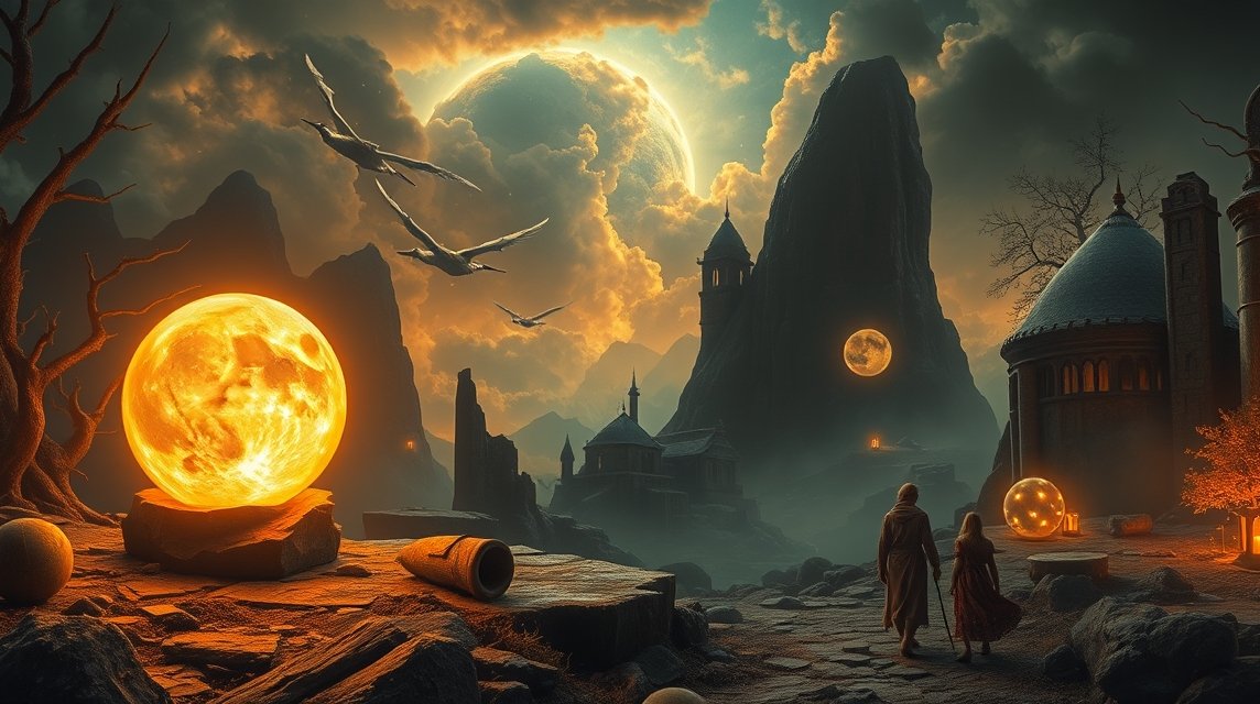 Paesaggio onirico con globi luminosi e figure misteriose.