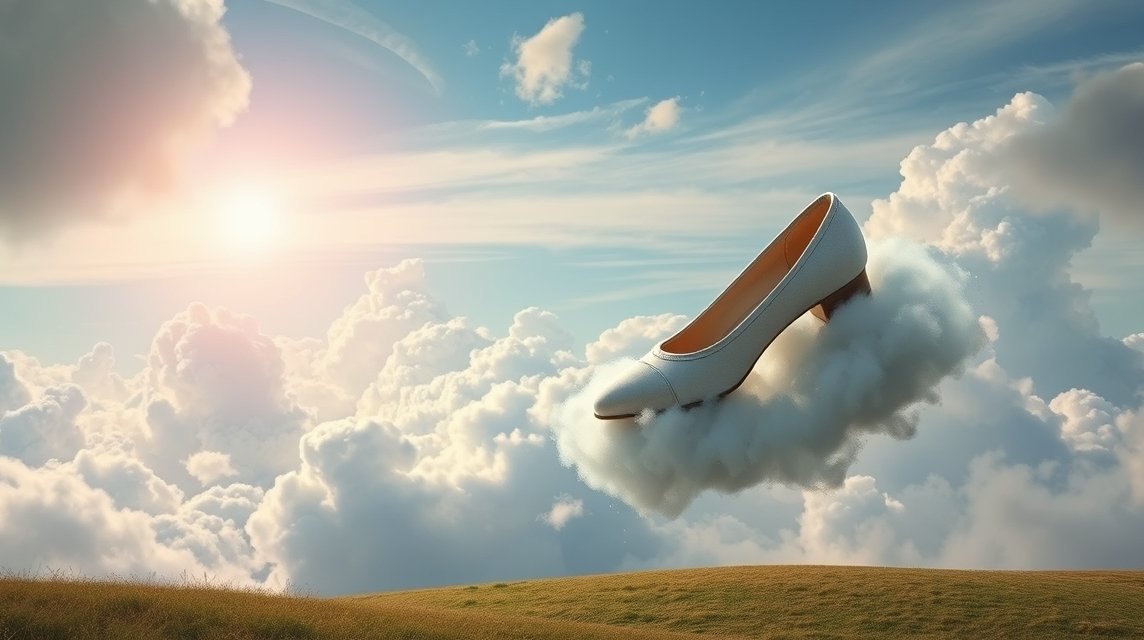 Scarpa bianca fluttuante tra le nuvole con sole in lontananza