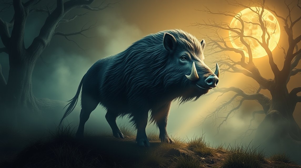 Cinghiale maestoso sotto la luna piena, simbolo di forza e istinto.