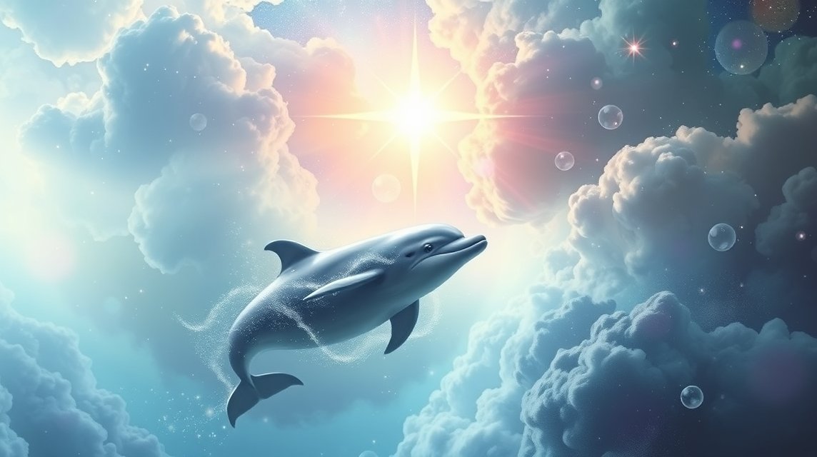 Delfino che nuota tra le nuvole in un cielo sereno e luminoso